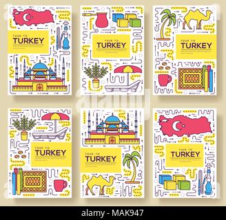 Pays Turquie cartes ligne mince brochure vector set. flyear de modèle de voyage, magazines, affiches, bannières, couverture de livre. La culture mise en page illustrations Aperçu pages modernes Illustration de Vecteur