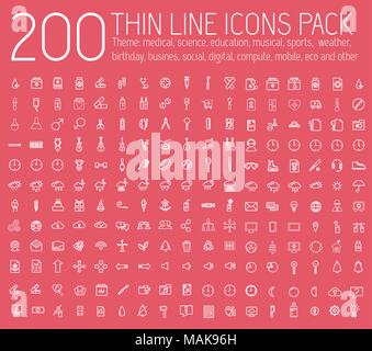 Ensemble d'icônes de ligne mince pictogramme. Pour l'infographie web et mobile. Joyeux anniversaire, affaires, ofiice, digital, mobile, eco, sport, l'éducation, de la musique, que ce soit médical, thème. Vector illustration design Illustration de Vecteur