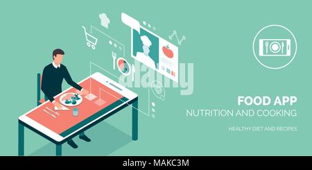 L'homme ayant un repas sain et l'utilisation d'applications sur un smartphone Illustration de Vecteur