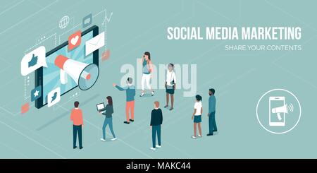 Mégaphone des messages d'annonce sur le partage de médias sociaux sur un smartphone, attirer les utilisateurs et les nouveaux clients : stratégies de marketing concept Illustration de Vecteur