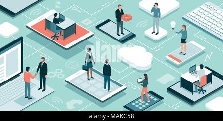 Des gens d'affaires et des pigistes travaillant en ligne, ils se connectent via leurs appareils, la rencontre et le partage de leurs compétences Illustration de Vecteur