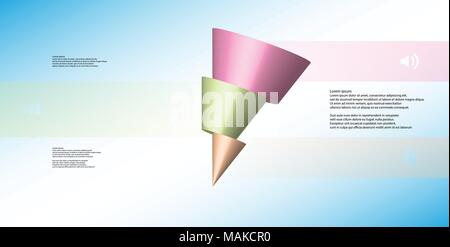 Illustration infographie 3D modèle avec motif de cône en tranches horizontalement à trois pièces de couleur qui sont décalés et askew organisé. Simple signe et Illustration de Vecteur