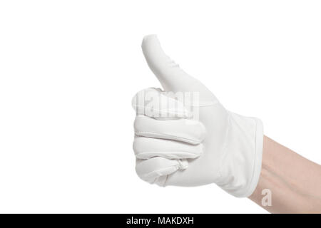 Portant la main gant blanc signal showing Thumbs up isolated on white Banque D'Images