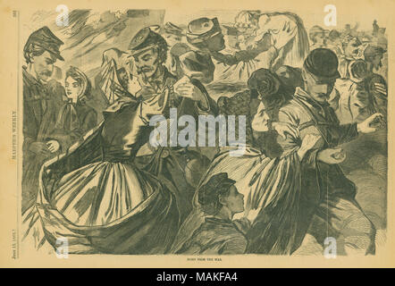 Des soldats de l'Union de l'impression et plusieurs femmes. Un soldat a tenir l'enfant sur sa tête. 'Accueil DE LA GUERRE.' (imprimé ci-dessous l'image). Coupure de journal de Harper's Weekly, 13 juin 1863, page 381. Titre : 'accueil de la guerre.' . 13 juin 1863. Banque D'Images