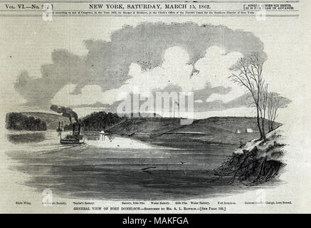 Imprimer de Fort Donelson dans la distance avec des bateaux au premier plan. Une liste des pièces remarquables de la bataille est imprimé sous l'image. 'Vue générale DE FORT DONELSON. - Dessinés par M. A. L. RAWSON. - [Voir page 166.] page couverture de Harper's Weekly, 15 mars 1862, tome I, no. 272. Titre : 'Vue générale du Fort Donelson.' . 15 mars 1862. A.L. Rawson Banque D'Images