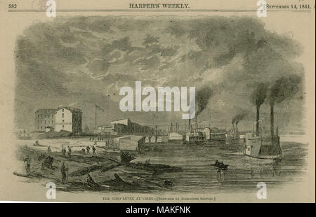 Imprimer de plusieurs bateaux à vapeur sur une rivière et plusieurs personnes debout sur la berge, dans le premier plan avec les bâtiments et les deux drapeaux à l'arrière-plan. "La levée de l'OHIO AU CAIRE. - [Esquissés PAR ALEXANDER SIMPLOT.]' (imprimé ci-dessous l'image). Coupure de journal avec une autre impression, prises de Harper's Weekly, 14 septembre 1861, page 622. Titre : 'la digue de l'Ohio au Caire.' . 14 septembre 1861. Alexander Simplot Banque D'Images