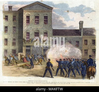 Imprimer d'une formation de soldats en train de tirer dans la foule en face d'un bâtiment avec les civils sur le balcon. 'COLLISION ENTRE LES TROUPES DU COLONEL M'NEIL ET LES CITOYENS DE ST. LOUIS, MO. - Le FEU DES TROUPES PRENANT EFFET À LA COUR DU RECORDER, qui était alors en / SESSION. - À PARTIR D'UN SKETCH PAR UN ENVOYÉ SPÉCIAL PRIS SUR PLACE. - Voir page 103.' (imprimé ci-dessous l'image). Coupure de journal de Frank Leslie's Illustrated Newspaper, 29 juin 1861 (page de couverture). Titre : 'Collision entre les troupes fédérales sous le Colonel McNeil et les citoyens de Saint Louis, MO. - Le feu sur les troupes Banque D'Images