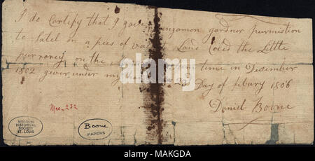 Accorde la permission de former Benjamin Gardner sur terre dans peu de prairie, Missouri. Titre : Document signé Daniel Boone, le 23 février 1806 . 23 février 1806. Boone, Daniel, 1734-1820 Banque D'Images