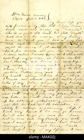 Titre : Lettre de Jno. T.07, Le Caire, à ma chère femme, le 2 avril 1862 . 2 avril 1862. Duff, John T. Banque D'Images