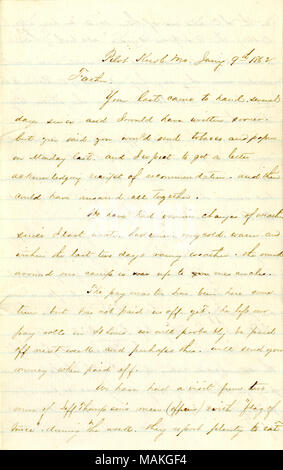 Titre : lettre signée Wm. R.D. [William R. Donaldson], le bouton Pilote, Mo., au père [Isaac P. Donaldson], 9 janvier 1862 . 9 janvier 1862. Donaldson, William R. Banque D'Images