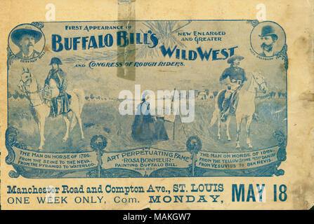 Pour la performance du programme à St Louis à la Manchester Road et Compton Avenue. Titre : Programme de 'première apparition du Buffalo Bill's Wild West et Congrès des Rough Riders,' 18 Mai, 1896 . 18 mai 1896. Banque D'Images