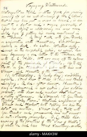 Décrit son voyage vers le sud sur l'étoile du Nord avec l'expédition de banques. Titre : Thomas Butler Gunn Diaries : Volume 21, page 103, 9 décembre 1862 . 9 décembre 1862. Gunn, Thomas Butler, 1826-1903 Banque D'Images