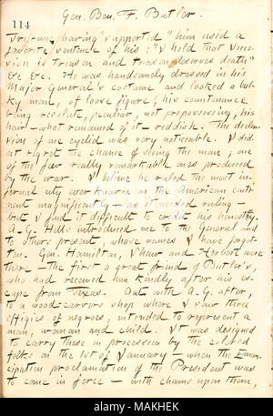 Décrit le général Butler. Titre : Thomas Butler Gunn Diaries : Volume 21, page 125, Décembre 22, 1862 . 22 décembre 1862. Gunn, Thomas Butler, 1826-1903 Banque D'Images