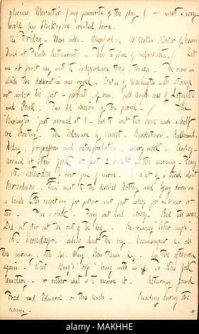 Commentaires sur sa visite à l'Independence Hall à Philadelphie et à son voyage de retour à New York. glorieux Mercutio (mon préféré de la pièce) ? Ce qu'un monde a Shakespeare créé ici. 14. Vendredi. Plus d'appels. Munford ?s. M ?Makin, (éditeur de messagerie). Dîné au restaurant français. Puis de lieu d'embarquement. / Permettez-moi de ne pas oublier ma visite à l'Independence Hall, cependant. La pièce dans laquelle la déclaration [Déclaration d'indépendance] a été signé. Statue de [George] Washington avec stamp act sous ses pieds ? Portraits, de lui, ceux de pleine longueur [Marquis de Lafayette et la douleur] [Thomas Paine]. Banque D'Images