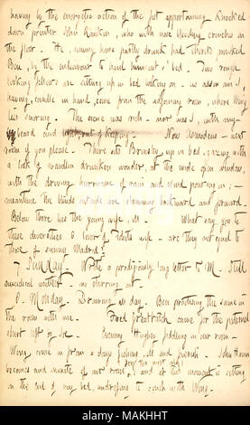 Décrit un incident entre Ben Haun et John Rankin dans sa maison de pension au n° 79, rue York, à Jersey City. Transcription : avoir de l'action énergique de l'imprimante sont attachés poing renversé John Rankin, qui avec saignement de nez s'accroupit sur le sol. Il rentre à la maison, y avait bu en partie provoqué Ben [Haun], par l'effort de le sortir à la main o ? Lit. Les boursiers sont deux à s'asseyant sur son lit à la dessus ? Comme je suis aussi, avoir, bougie à la main, viennent de la chambre voisine, où se trouve l'aile [Jaebets] ronflement. La scène était riche ? Je n'étais, avec ma barbe et la lumière, hors de k Banque D'Images