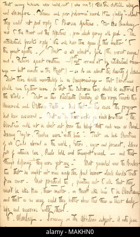 Commentaires sur un sermon qu'il a entendu dans une Église Unitarienne. Transcription : que de nombreux avis qui ne pouvaient pas (qui peut le faire ?) faire connaître le détail pourquoi et pourquoi. Les femmes et les pauvres pêcheurs ?ǣheard volontiers de lui ?  ? Bien qu'ils ne pouvaient pas trouver de réponse à pharisien objections. Pour sa prédication était au coeur et l'affection, d'où jailli tout bien. L'intellectuel grecs ? Réponse ?ǣWe t'entendrons à nouveau de cette question ? Pour le grand apôtre. / Que comme tous les admettre un Dieu (les veriest savage) et un avenir esprit existence ? (Faits non établis par les raisonnements intellectuels ? Mais au Cœur innée.) ? Donc, ne Banque D'Images