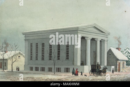 Construit avec l'aide de William Greenleaf Eliot, l'une de Saint Louis ?s dirigeants les plus influents, l'église est indiquée après une rénovation qui a ajouté les deux grandes colonnes de l'avant. L'artiste, J.C. Wild, complété certaines des premières vues de la culture, de l'éducation, privée, et les bâtiments publics de Saint Louis et d'autres villes sur la frontière occidentale apparemment sans limites. Titre : Aquarelle Vue de First Unitarian Church, Saint Louis MO . circa 1842. J.C. (Attribué) Wild Banque D'Images