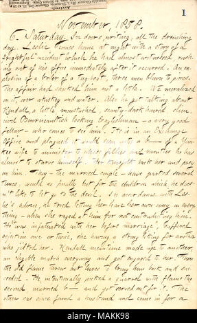 Au sujet d'un entretien avec William Leslie à propos de l'épouse de M. Kendall et le mariage. Transcription : Novembre, 1858. 6. Samedi. Dans les portes, l'écriture, tout le douchage jour. [William] Leslie vient à la maison le soir avec une histoire d'un affreux accident '' qu'il avait presque été témoin, se précipiter hors de son bureau immédiatement après qu'elle s'est produite. Une explosion d'une chaudière d'un bateau-remorqueur [Petrel], trois hommes réduits en morceaux. L'affaire a choqué de ne pas un peu. Nous moralized sur elle, plus de whisky et l'eau. Il s'est aussi parler de Kendall, un peu, tyranneau, peu abondantes-dark haired, slim, et Bourcicaultish à fr Banque D'Images