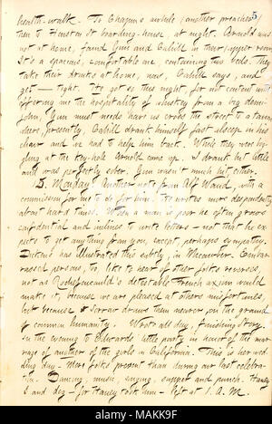 Mentionne une nuit dehors à la taverne avec Frank Cahill et Bob, des armes à feu et la réception d'une lettre de Waud Alf. Santé : transcription-promenade. Pour [E.H.] Chapin ?s un certain temps (un autre prédicateur) puis à Houston St pension, la nuit. [George] Arnold n'était pas à la maison, trouvé [Bob] et [des armes à feu Frank] Cahill (supérieur) dans leur chambre. Il ?s un spacieux, confortable, contenant deux lits simples. Ils prennent un verre à la maison, maintenant, dit Cahill, et d'obtenir ? Serré. Il s'est cette nuit, pour non content de m'offrir l'hospitalité de whisky d'une grande demi-john, aux armes à feu doit nous faire traverser la rue à une taverne où, Banque D'Images