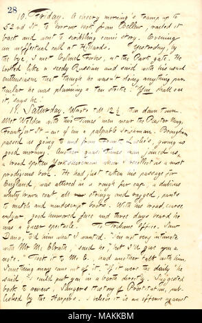 Décrit un verre avec Charles Welden New York Times et d'autres journalistes. Transcription : 10. Vendredi. Un matin joyeux clochard jusqu'à 52e st, d'emprunter à partir de [Frank] Bellew, dénonçait l'arrière et s'est rendu à griffonner histoire comique. Un soir à l'appel inefficace [Oliver] Hillards'. Hier, par l'au revoir, j'ai rencontré le colonel [Hugh] Forbes, à l'entrée du parc. Il ressemblait à un quartier russe et dit avec son enthousiasme habituel que s'il n ?t faire quelque chose qu'il était notamment la planification d'une grève de dix. "Tu le verras,' dit-il ! 11. Samedi. A écrit jusqu'à 12 1/2, puis vers le bas de la ville. [Répondre] Charles Welden Banque D'Images