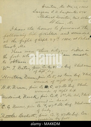 La liste des soldats tués et blessés à la bataille de Pilot Knob. Titre : Bataille de Pilot Knob rapport de M. Seymour D. Carpenter, Décembre 10, 1864 . 10 décembre 1864. Carpenter, Seymour D. Banque D'Images