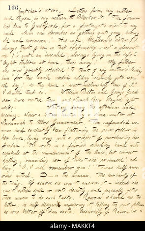 Décrit une lettre de sa mère et une lettre à Elizabeth Gouverneur à partir d'un serveur esclave elle a rencontrées lors de ses voyages dans le sud. Transcription : Butcher's store. Lettres de ma mère [Naomi Butler Gunn] et Rosa [Gunn], à mon retour à [132] La Bleecker Street. L'ancien a été de Guildford, pour 15 jours à la visite de mon oncle, qu'elle décrit comme 'Obtenir' tout à fait gris, à la vieille et careworn." Sa femme, la soeur de Mapleson (je pense toujours à elle dans cette relation ? Pas agréable) est "tout à fait un invalide, toujours allongé sur le canapé." "huit enfants à la maison, trois de là." Mon père [Samuel Banque D'Images