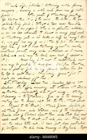 Au sujet de Fanny Fern et James Parton's mariage. Transcription : et la femme, en effet ! Dételage de la victime de vampire, sauvetage d'une âme noble de l'un de l'enfer ?s furies ! Qui prates de [William Makepeace Thackeray] Vie de peinture plus sombre que c'est ? Les ânes, les cruches, l'épris d'épice fools ! Qu'est-ce qu'il y a plus terrible que cela dans ses pages ? Qui est si heureuse, en effet dans son intime de savoir tant de bonnes personnes comme Thackeray met dans ses livres ? La moitié ? Pas moi, ni vous, ni aucun de nous ! (Pour, par Dieu, ce registre doit vivre, si mais à rendre témoignage contre tant de monstrueux priv Banque D'Images