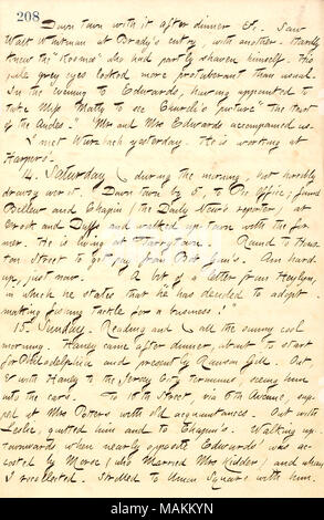 Légales voir Walt Whitman dans la rue et à la réception d'une lettre d'Edward Heylyn. Transcription : Down Town avec elle après le dîner, &c. Vu Walt Whitman à [Matthieu] Brady's l'entrée, avec un autre. À peine connu le 'Kosmos' qui avait rasé en partie lui-même. Ses yeux gris pâle ressemblait plus protubérant que d'habitude. Dans la soirée pour Edwards, après avoir désigné de prendre Miss Matty [Edwards] pour voir l'Église photo 'Le Cœur des Andes." M. [George] et Mme [Sarah] Edwards nous a accompagnés. J'ai rencontré Wurzbach hier. Il travaille à Harpers'. 14. La Phonographie [samedi] durant la matinée, mais horriblement drows Banque D'Images