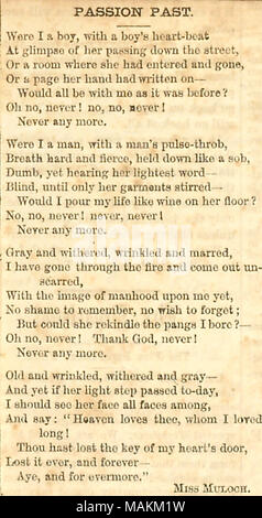 Coupure de journal d'un poème intitulé Passion passé par Mlle Muloch. Transcription : PASSION PASSÉ.  ? J'avais été un garçon, avec un garçon ?s heart-beat à l'aperçu de son passage dans la rue, ou d'une chambre où elle était entrée et parti, ou d'une page a été écrite sur sa main ? Tous d'être avec moi comme avant ? Oh non, jamais ! Non, non, jamais ! Jamais plus. J'avais été un homme, avec un homme ?s pulse-throb, souffle fort et féroce, qui a eu lieu vers le bas comme un sanglot, muet, mais l'entendre le plus léger de mot ? Aveugle, jusqu'à ce que ses vêtements remué ? Je voudrais pour ma vie comme le vin sur sa parole ? Non, non, jamais ! Ne jamais, jamais ! Jamais plus. Banque D'Images
