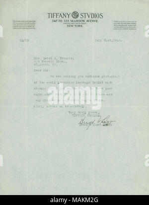 Déclare qu'il n'est pas contenant une photographie de l'achat de la Louisiane en comprimé avec les modifications suggérées. Francis Titre : Lettre de Hugh White, Tiffany Studios, 347 à 355 Madison Avenue à l'angle de quarante-cinquième Street, New York, à l'honorable David R. Francis, c/o Francis Bros., Saint Louis, Missouri, le 31 juillet 1913 . 31 juillet 1913. Blanc, Hugh Banque D'Images