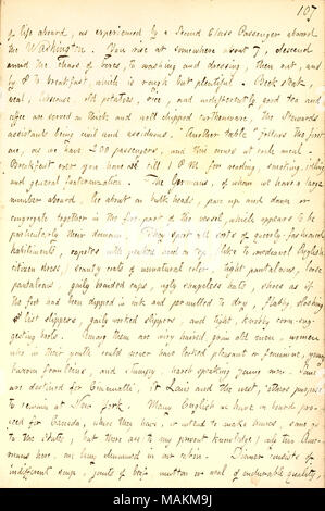 Décrit son voyage à travers l'Atlantique à New York sur l'État de Washington. Transcription : de la vie à bord, tel que vécu par un deuxième passager à bord de la classe de l'État de Washington. Vous vous levez à quelque part environ 7, descendre au milieu du chaos de boîtes, au lavage et à la vinaigrette, puis vers l'extérieur, et par 8 pour le petit-déjeuner, qui est rugueux mais copieux. Pavé de boeuf, veau, lobscouse, vieilles pommes de terre, riz, et indifféremment bon thé et café sont servis sur épais et bien faïence ébréchée, les intendants sont assistants et assidue civile.  ?Table ǣAnother ? Suit la première, comme nous l'avons 200 passagers, et cela se produit à ea Banque D'Images