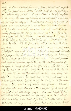 Décrit son voyage à travers l'Atlantique à New York sur l'État de Washington. Ancienne Transcription : pommes de terre, maïs, pain, occasionnels buiscuit et aucune pâte. Très peu de personnes figurent à ce, ou d'autres repas pour le premier jour ou ainsi, la maladie d'être général. I et l'autre sont les seules exceptions dans notre cabine, l'océan seulement développer en moi, (comme d'habitude) une grande capacité de manger et dormir. [William] Conworth il porte indifféremment bien, mais prend peu de vitamines, ni ventures dans les escaliers pour les repas. Je le laisse seul en cas de maladie, l'encourager quand même, et le vendredi soir, se penchant sur le s Banque D'Images