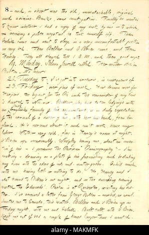 Légales effectuent un travail pour le New York Picayune pendant que Frank Bellew est occupé avec la visite de sa sœur et son mari de l'Angleterre. Transcription : ? Et, dans l'ancien a été courte, incomparable à l'original, et asines [A.F.] Banques, sans atténuation. Enfin il voulait savoir si j'avais une copie de mon livre en moi ? À qui, sur réception d'une politesse négative, il a pris lui-même hors tension. [Ensuite] Frank Cahill est venu et est allé dormir dans une position très inconfortable sur mon lit. [Ensuite] Frank Bellew et [Fitz James O'Brien s ?], puis [Jesse] Haney. Ils sont tous restés jusqu'à 1h00 et puis bonne nuit. 19. Banque D'Images