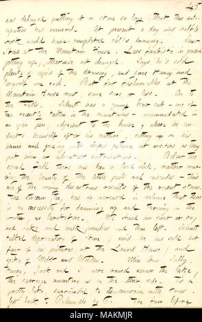 Décrit une visite à la montagne Maison à l'Catskills. Transcription : a retardé sa mise sur la pierre si longtemps, que cette prévision s'est produite. À l'heure actuelle, un jour et demi de travail du sol aurait terminé [Eytinge] dessin. Vu [B.G.] Pierre à la maison de montagne. Fantastique en général moins de se lever, sinon pas changé. Affirme qu'il a vendu beaucoup de copies du dessin, et a donné [Jesse] Haney et moi-même une chacun. Mais peu de fashionables à Maison de la montagne à l'heure actuelle, certains points, ou moins. Sur vers les chutes. [Pierre] Schmitt a un jeune ours cub ? L'une des prises récemment dans les montagnes ? L'acco Banque D'Images