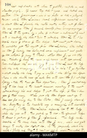 Décrit des histoires sur Elizabeth Gouverneur dit Mary Levison. Transcription : nouvelle confidente avec qui à ronchonner, se confier, et de calomnier les gens. Bien sûr, ils n'ont pas été d'accord, et détesté l'un l'autre. Mme [Elizabeth] Gouverneur ? Qui est aussi faux que l'enfer ? Joué astuces dont Mme [Mary] Levisons durement ressenti l'égoïsme ? En bref Mme L a constaté qu'elle pouvait faire rien hors d'elle. À une occasion, Mme G s'est excusée d'accompagner Mme L à l'opéra par un plaidoyer de la maladie ? Par la suite, avec un quelqu'un qu'elle n'a pas souhaiter introduire Mme L à. J'ai entendu des dizaines d'histoires de ces dodg Banque D'Images