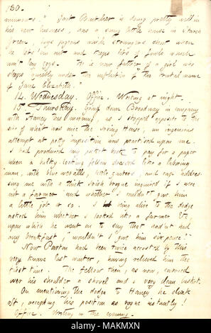 Décrit les cas d'Irish mendiant dans la rue avec Haney. Transcription : ménés.  ? Jack Boutcher fait plutôt bien dans sa nouvelle entreprise, a bien peu d'amidon dans la chambre verte, achète les pigeons qui pousse des étrangers lorsqu'il vous permet d ?em out et garde beaucoup d'oiseaux qui a gagné ?t pondre des oeufs. Il est maintenant père d'une fille qui dort tranquillement sous l'infliction de ?ǣthe nom brutal de Jane Elizabeth.  ? 14. Le mercredi. Office de tourisme. L'écriture de nuit. 15. Jeudi. En descendant Broadway en compagnie avec [Jesse] Haney ce matin, comme je me suis arrêté en face du site de ce qui était autrefois l'Irving House, un ingenio Banque D'Images