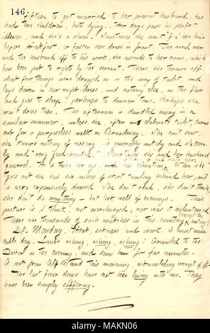 En ce qui concerne Mme Simpson, un garçon de dix ans qui est à l'embarquement de la famille Jewell. Transcription : quinze de se marier à elle [Mme. Simpson's] mari actuel, a eu deux enfants, tous deux de mourir. Passer ses journées dans l'oisiveté, parfaite et elle est un slovène. Parfois, elle ne sera pas 'Réparer' ses cheveux avant le petit-déjeuner, ou fixer sa robe à l'avant. Le repas terminé et le mari hors de son travail, elle monte dans sa chambre, qui a été mis à l'homme par le serviteur. Là, elle rejette ce que peu de choses ont été éternisé dans la façon de, 1860-1869 et fixe dans sa chemise de nuit, et rien d'autre, sur le sol d'un Banque D'Images