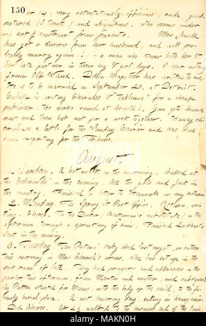 Mentionne que la Willis Patten's Baby est décédé. Transcription : ou 14, très-ostentatoire, officieux grossier, bon caractère (je crois) et l'omniprésent. Elle [Anna Bradbury] semble en aucune sorte de contrainte des parents. Mme [Joseph] Jewell a obtenu un divorce de son mari [Charles Jewell], et sera probablement épouser encore ( !) ? Un homme qui savait à la fois sa & eu un retard dans leur partenaire homme et femme jours. Je n'entends rien du Waud Alf. Dillon Mapother a écrit pour moi. Il est d'être mariés le 20 septembre, à Detroit. [Frank] Cahill est écrit de Charades & ?ǣTableaux ? Pour un éditeur. Il travaille autour d'un Banque D'Images