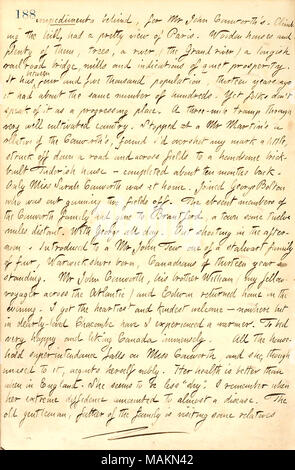 Décrit en arrivant à Paris, Ontario, pour visiter le Conworth George Bolton et famille. Transcription : impedimenta derrière, pour M. John Conworth ?s. L'ascension de la colline, avait une jolie vue sur Paris. Maisons en bois et beaucoup d'entre eux, des arbres, une rivière, (la rivière Grand) un long pont de chemin de fer, les moulins et les indications de la prospérité tranquille. Il a entre quatre et cinq mille habitants, il y a treize ans, il avait à peu près le même nombre de centaines. Gens encore don ?t parlent comme d'une avance. A trois milles à travers tramp très bien cultivée du pays. Arrêté à monsieur Martin ?s un parent de l'Conwo Banque D'Images