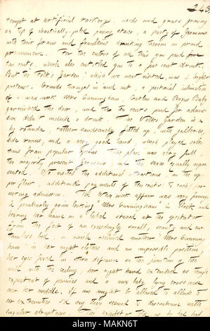 Décrit à plusieurs endroits en allemand de divertissement dans le Bowery. Transcription : [at] à tenter de rocaille artificielle, les mauvaises herbes et l'herbe pousse sur le dessus de pavés empilés de manière chaotique, une partie des Allemands avec leurs fraus et potable frauleins par fière prééminence. Pour l'entrée de tout ce que vous avez payé cinq dix cents, qui a aussi droit à un cinq cent boire. Mais l ?ǣFolk ?s Garden, ? Nous avons ensuite visité, qui a été plus élevé de prétexte. Les foules se pressaient dans et hors, un avertissement d'une cire picturale-travail Mme [Emma Augusta] Cunningham, Carlen et bébé faux couvrit la porte, puis t Banque D'Images