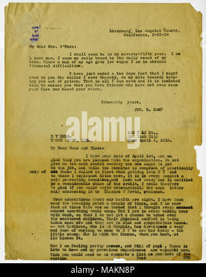 Comprend une lettre de Frank P. O'Hare à Eugene C. Debs, le 3 avril 1918. En 1912, Frank O'Hare devient rédacteur en chef du Rip-Saw socialiste a émis, un mensuel de St Louis. Il était marié à l'éminent Kate socialiste Richards O'Hare, qui a été emprisonné pendant la Première Guerre mondiale (avril 1919.) Transcription : Lordsburg, Los Angeles County, Californie, 2-25 [1918] Mon cher Mme O ?Hare : Je vais bientôt dans ma soixante-cinquième année, je suis un pauvre homme, je gagne mon pain quotidien par le quotidien de la sueur de mon front. Depuis qu'un homme de mon âge est de bas salaires Je suis dans des difficultés financières chroniques. J'ai juste fini un deux jours que rapide Banque D'Images