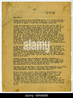 En 1912, Frank O'Hare devient rédacteur en chef du Rip-Saw socialiste a émis, un mensuel de St Louis. Il était marié à l'éminent Kate socialiste Richards O'Hare, qui a été emprisonné pendant la Première Guerre mondiale (avril 1919). Copie de transcription : Saint Louis MO [26] février 1918 Chère Kate :- J'ai plusieurs lettres de Frank qui vous le savez sans doute au sujet de m'informant qu'il va vous garder dans l'Est pendant le mois d'avril pour travailler pour la Commission de défense. J'ai eu envie de vous écrire pour certains peu de temps en ce qui concerne ce et vous dire que je ne pense pas qu'il juste de briser nos plans. Banque D'Images