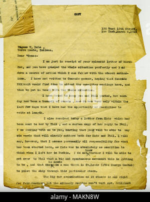 En 1912, Frank O'Hare devient rédacteur en chef du Rip-Saw socialiste a émis, un mensuel de St Louis. Il était marié à l'éminent Kate socialiste Richards O'Hare, qui a été emprisonné pendant la Première Guerre mondiale (avril 1919). Transcription : COPIER 138 West 13th Street New York, 4 mars 1918, C. Eugene Debs Terre Haute, Indiana, chers ?ǣGene :- Je ne suis qu'à la réception de votre splendide lettre du 2 mars, et vous avez saisi l'ensemble de la situation parfaitement et 1 vers le bas de l'aide d'une ligne d'action que je puisse suivre avec le plus grand enthousiasme. Je n'ai pas écrit au camarade germer, espérant que le camarade Hillquit trouverait tim Banque D'Images