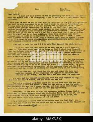 En 1912, Frank O'Hare devient rédacteur en chef du Rip-Saw socialiste a émis, un mensuel de St Louis. Il était marié à l'éminent Kate socialiste Richards O'Hare, qui a été emprisonné pendant la Première Guerre mondiale (avril 1919). Copie de transcription : Erie [Texas] [mars] 2 1918 Cher Phil :- Je viens de recevoir votre lettre du 26 [février] hier et avec toute l'excitation et la tension que je suis l'objet, j'ai dû sourire à son attitude à très masculin. Je sais tout aussi bien que vous que ce qui est important pour le S R est pratique, mais ce qui est plus important pour moi est que je vais être en mesure d ?ǣcirculate ? Fre dans Banque D'Images