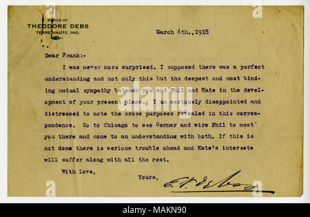 En 1912, Frank O'Hare devient rédacteur en chef du Rip-Saw socialiste a émis, un mensuel de St Louis. Il était marié à l'éminent Kate socialiste Richards O'Hare, qui a été emprisonné pendant la Première Guerre mondiale (avril 1919). Transcription : 6 mars., 1918 Cher Frank :- Je n'ai jamais été plus surpris. Je suppose qu'il y avait une compréhension parfaite et non seulement cela, mais le plus profond et le plus contraignant de la sympathie mutuelle entre vous et Phil et Kate dans le développement de vos plans. Je suis vraiment déçu et peiné de constater l'application révèle dans cette correspondance. Rendez-vous à Chicago pour voir Garner Banque D'Images