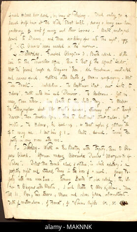 Mentionne une visite à Rebecca Kidder. Transcription : trouvés [John B.] Holmes porte fermée, il étant à Flushing. Était en attente d'une demi-heure à la lamentable Wall Street Hotel, pendant une forte pluie, l'orage, méditant de faute d'argent et d'autres horreurs. Retour, matagrabolized à [168] Duane, puis griffonner loin dans la nuit, ǣIke Chivvles copie d ? ? Être nécessaire sur le lendemain. Samedi 4. Chapitre 3 terminé ; [William] Barth appelé. Avec lui à l'Office du voyageur, puis à celle de la défunte ?ǣLeader.  ? A rencontré le ?ǣGeneral Compte de Bargaro ? Là, de vieilles et vinuous « Français, confrontés, talke Banque D'Images