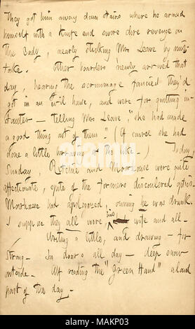 Décrit un incident survenu à sa pension de famille. Ils ont obtenu la transcription : Alexander Hay Ritchie [lui] loin dans les escaliers où il a lui-même armé d'un couteau et a juré vengeance terribles sur la dame [Fanny] Wallack, près de coller Mme [Anna M.] laisser par erreur. D'autres pensionnaires récemment arrivé ce jour-là, l'audience scrimmage envie ils ?d obtenu dans une mauvaise maison, et ont été à l'abandon choune ? Mme dire quitter, ?ǣshe avait fait une bonne chose à partir d'eux.  ? (Bien sûr, elle avait fait un peu d'emprunt ou d'autres.) Aujourd'hui, dimanche, Ritchie et [Charley] Moorhouse étaient très affectueux, dépit de l'opinion dis Banque D'Images