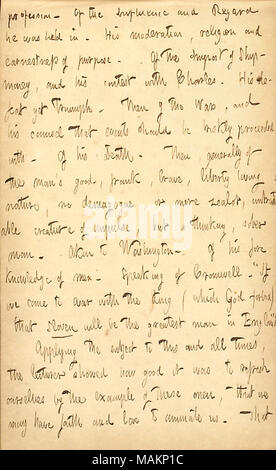 Décrit une conférence par E.H. Chapin sur John Hampden. Transcription : profession. De l'influence et l'égard il [John Hampden] a eu lieu à. Sa modération, de religion et de sérieux de l'objectif. De l'importation de l'argent, et son concours avec Charles [I]. Sa défaite encore triompher. Puis des guerres, et de son avocat que les événements doivent être rapidement mis de côté. De sa mort. Puis, généralement, de l'homme ?s bon, franc, courageux, aimant la nature, pas de liberté, ou simple démagogue fanatique, untrustable créature d'impulsion, mais une pensée, l'homme sobre. Semblable à [George] Washington. De sa connaissance de l'avancement des hommes. Parler Banque D'Images