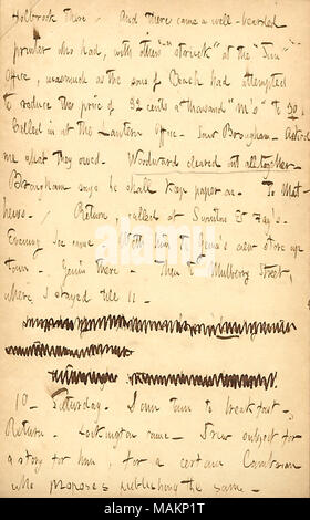 Mentionne que Joseph Woodward a quitté la lanterne. Transcription : Holbrook là. Et il y a une imprimante qui avaient, barbu avec d'autres personnes ?ǣstruck ? À l ?ǣSun ? Office, dans la mesure où les fils de Beach avait tenté de réduire le prix de 32 cents le mille ?ǣM ?s ? À 30. Appelé à l'Office de lanterne. Vu [John] 848. M'a demandé ce qu'ils devaient. [Joseph] Woodward effacée complètement. 848 dit qu'il doit conserver sur papier. [À] Cornelius Mathews. / Retour, appelé à Swinton & Fay ?s. Soir Joe [Greatbatch] est venu. Avec lui à [John N.] Genin ?s nouveau magasin ville. Il y Genin. Puis Banque D'Images