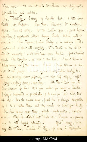 Commentaires sur la lanterne doit de l'argent à de nombreux écrivains, artistes, graveurs et autres. Transcription : [Alfred Waud] est venu. Il a maintenant au travail pour [E.H.] Chapin, et se porte bien. Avec lui et bu. 14. Le mardi. Grand dessin couper la Diane. Une lettre de [William] Barth, à Buffalo. Centre-ville, la Diane & Lantern Bureaux. Randall appelle. À la lanterne, j'ai trouvé l'habituel rassemblement de malheureux dunning [Thomas] Powell. [John] Watson & colère rebelle. L'Seymours (alias Baileys,) dans l'attente. La lanterne est en dette avec tout le monde, et je pense que personne n'a un intérêt (pecuniarily) dans Banque D'Images